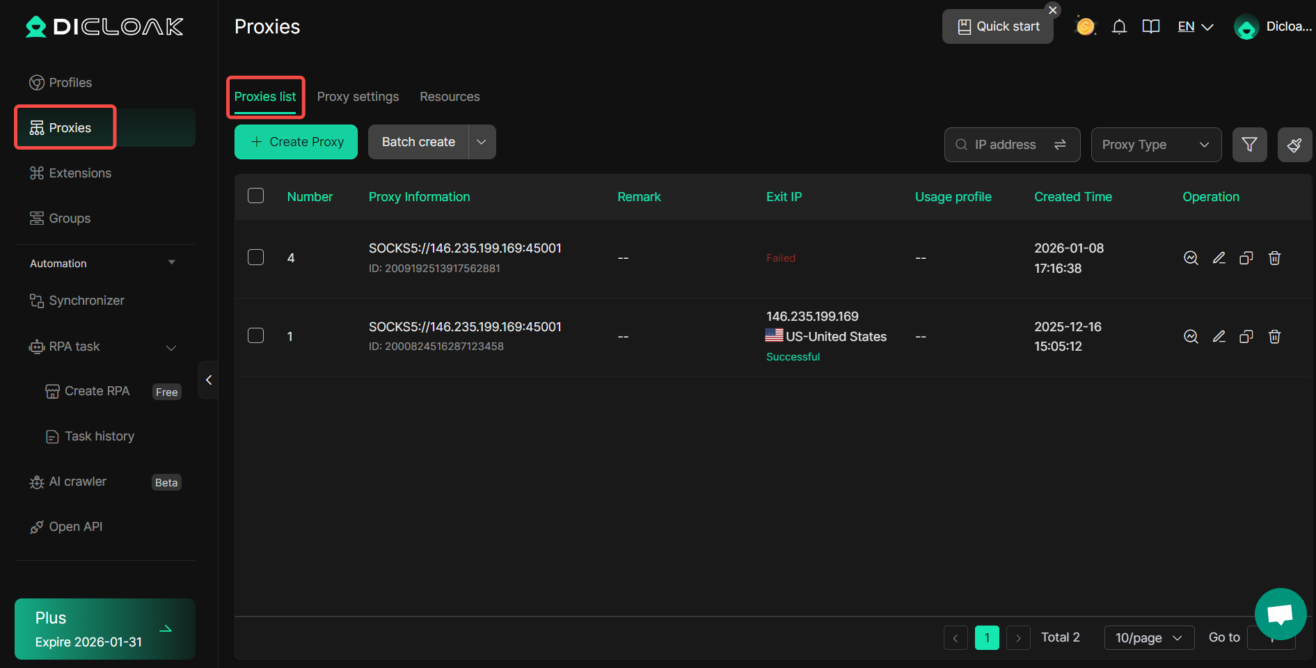 Bulk Operations for Proxy List - dicloak