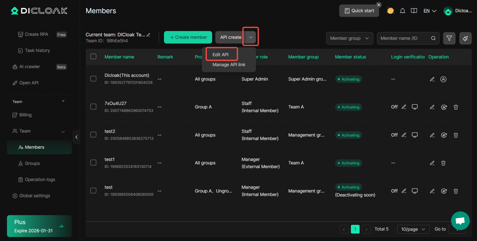 API Create and Edit Member - dicloak