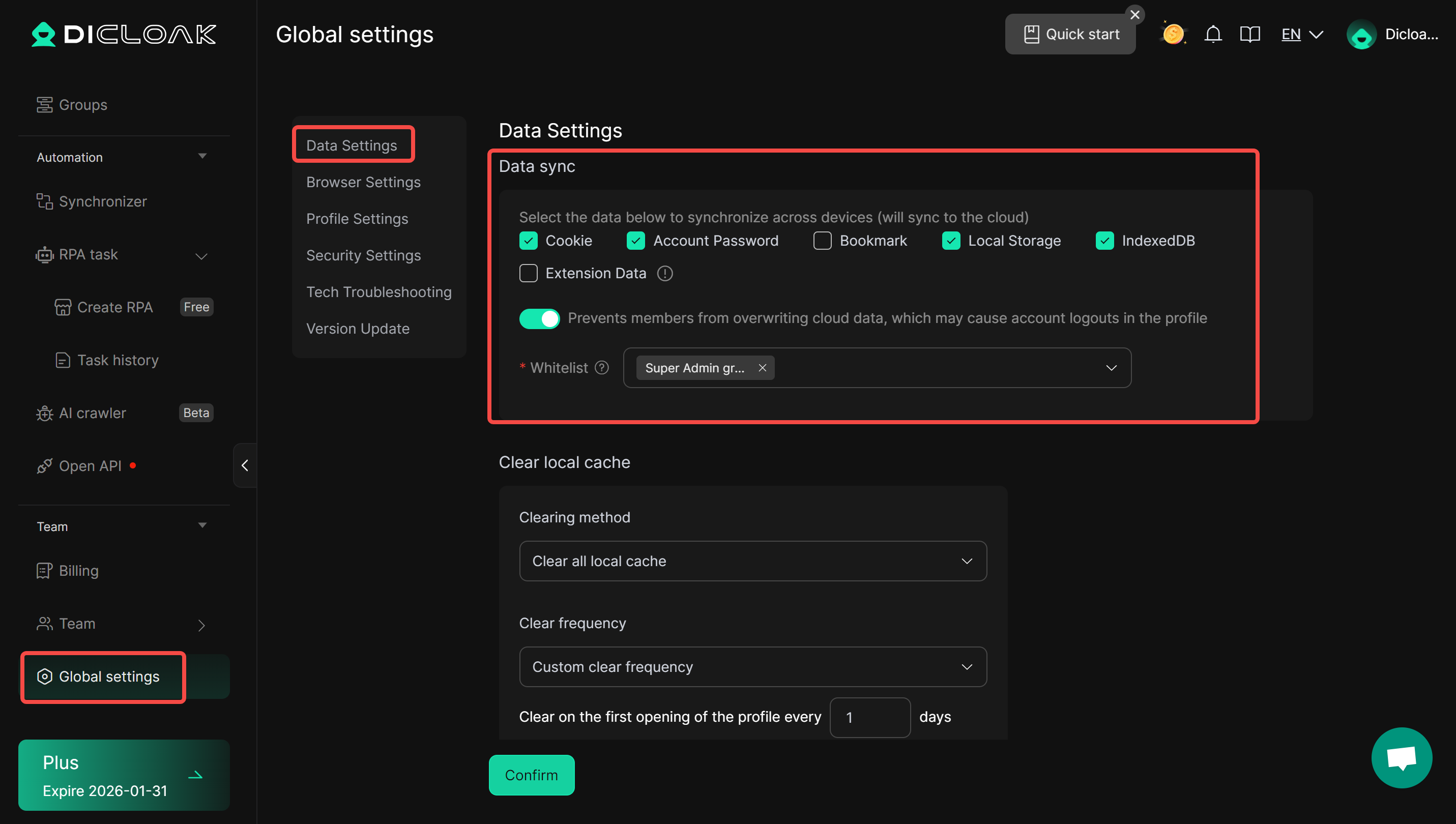 Global Settings - Data Sync - dicloak