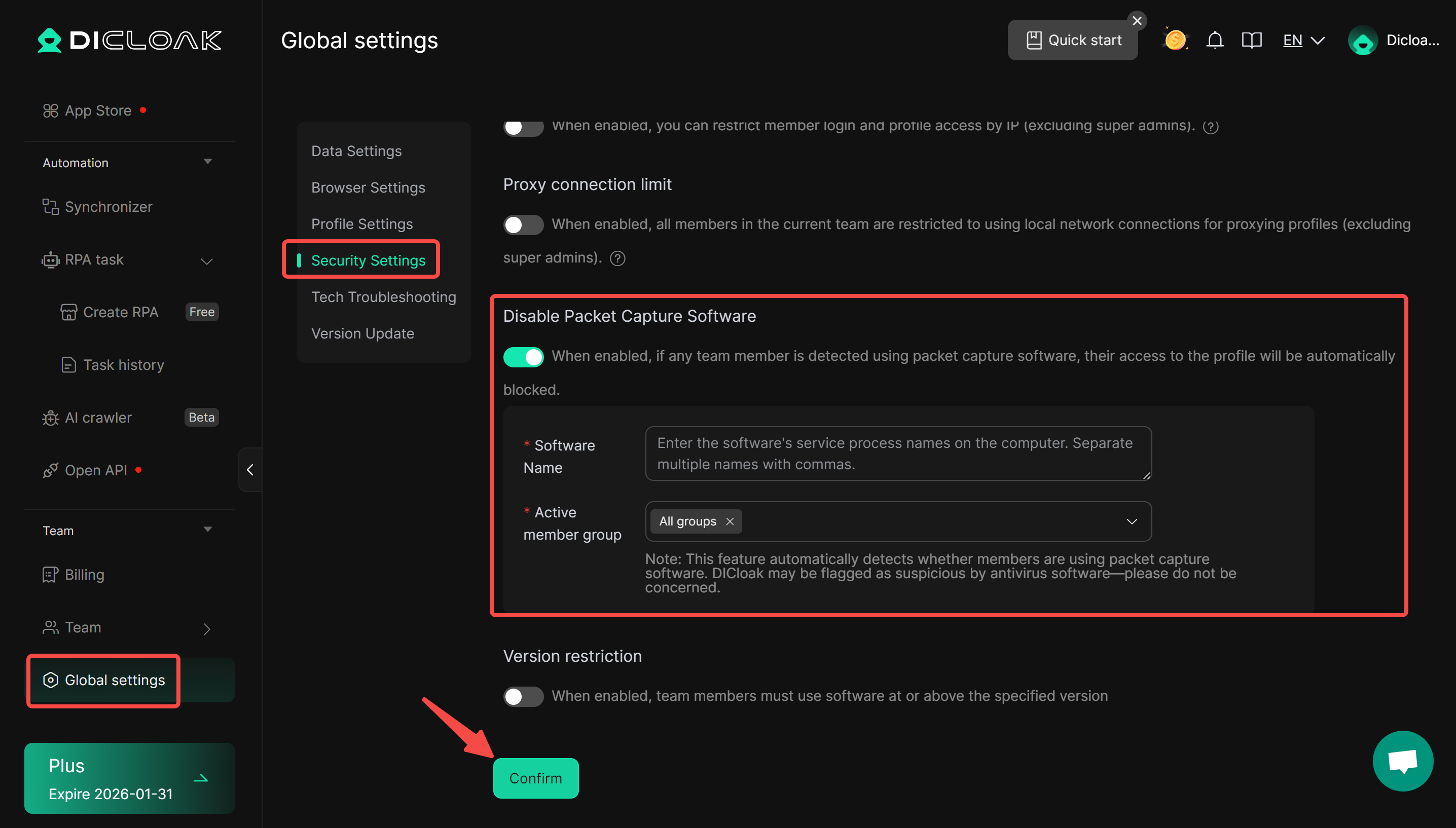 Global Settings - Disable Packet Capture Software - dicloak