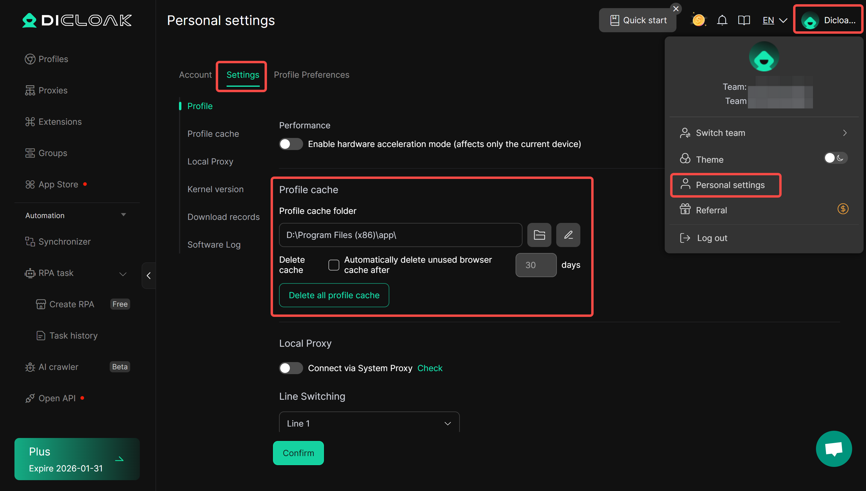 Personal Settings-Profile Cache Settings - dicloak
