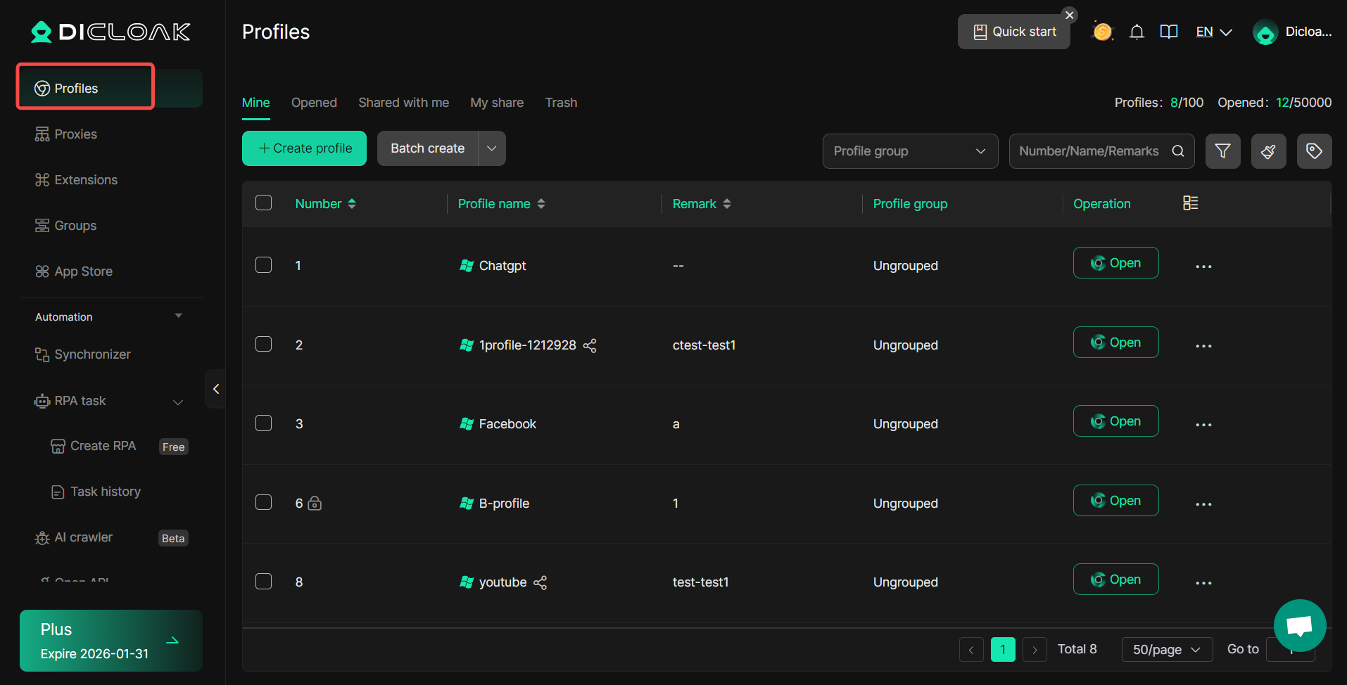 Bulk Operations for Browser Profiles - dicloak